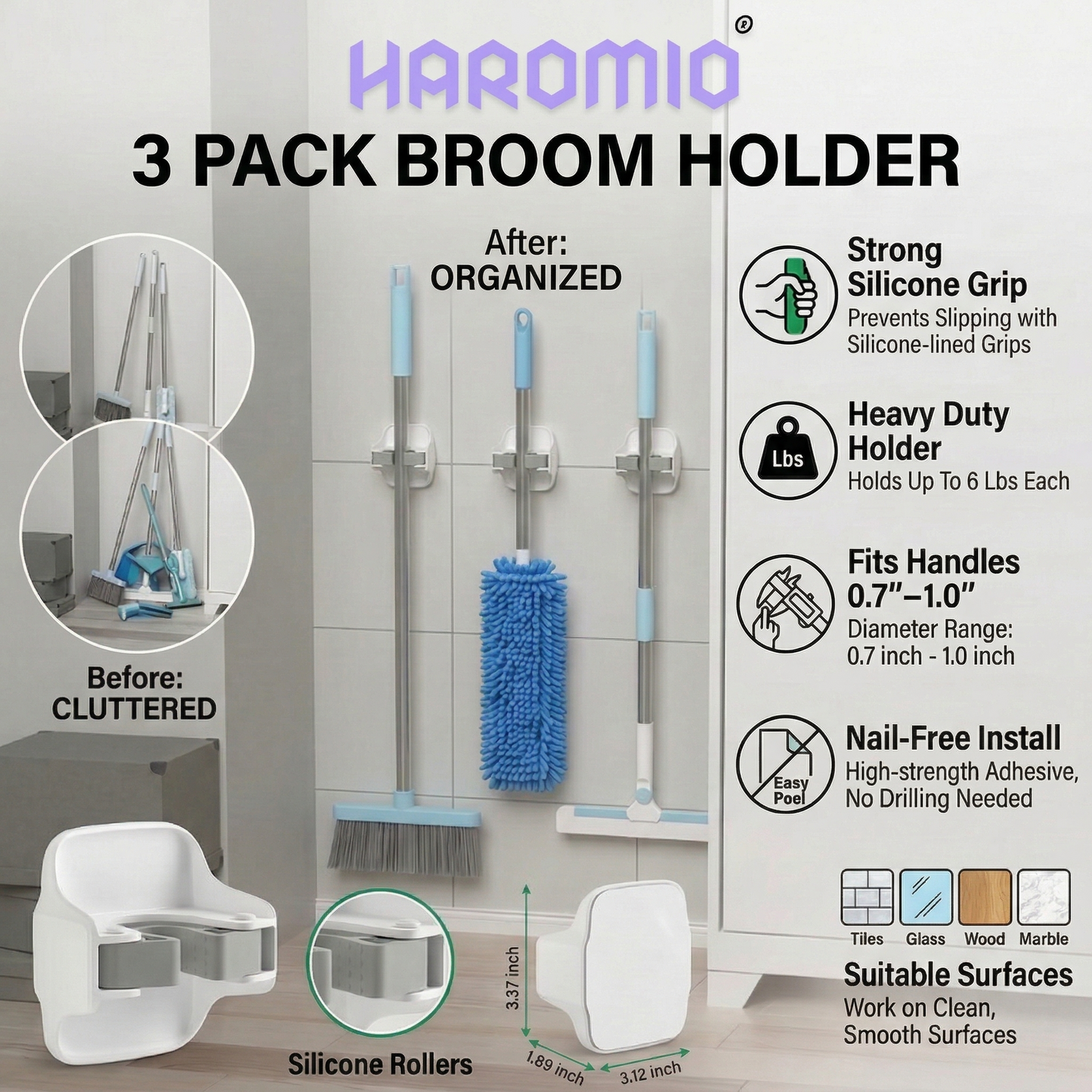 Haromio® 3 Pack Broom Holder